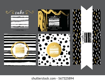 Vector templates for cafe,  candy shop, sweet shop, confectionery. Candy shop logo and  card with seamless patterns with hand drawn textures. Vector design logo and corporate style. Branding. 