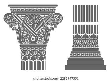 Vector templates. Capital of a medieval cathedral Gothic column. Engraving or tattoo element