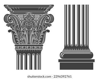 Vector templates. Capital of a medieval cathedral corinthian column. Engraving or tattoo element
