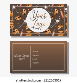 Vector templates cards two sides of one postcard. Chocolate cookies seamless pattern, white frame,sircle with Logo and text isolated on brown background. Bakeries,shops,banners,print,cafe concept.