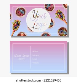 Vector templates cards two sides of one postcard. Berry muffins pattern, white frame,sircle with Logo and text isolated on purple background. Bakeries,shops,banners,print,cafe concept.