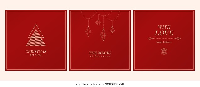 Vector templates for Christmas cards with geometric tree and decorations. Gold text Happy New Year for your greeting card. Vector Christmas social media template in gold tones