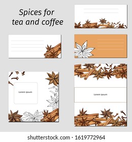 Vector templates with cinnamon and anise for decorating the menu of cafes and restaurants, advertising, posters. Set with text frames for corporate identity.