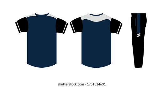 Vector templates of clothing set. Front, back, side views of blank with pants. Sportswear, uniform clothes. Fashion illustration. Line art design.
