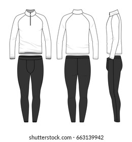 Vector templates of clothing set. Front, back, side views of blank shirt, jogging pants. Shirt with zipper and raglan sleeves. Sportswear, uniform clothes. Fashion illustration.