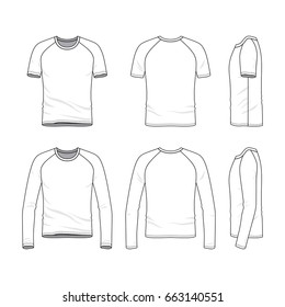 Vector templates of clothing set. Front, back, side views of blank raglan sleeves t-shirt and tee. Sportswear, uniform clothes. Fashion illustration. Line art design.