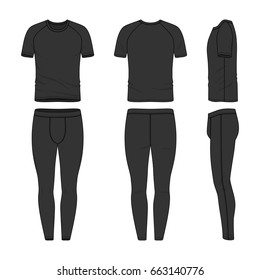 Vector templates of clothing set. Front, back, side views of blank t-shirt and jogging pants. Shirt with raglan sleeves. Sportswear, uniform clothes. Fashion illustration. Line art design.