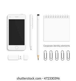 Vector templates of corporate identity. Branding design. Business stationery mock-up. Notebook, pencils, pen, USB flash drive, paper clip and realistic smart phone. Illustration eps10.