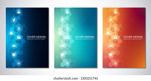 Vector templates for cover or brochure, with hexagons pattern and medical icons. Healthcare, science and technology concept