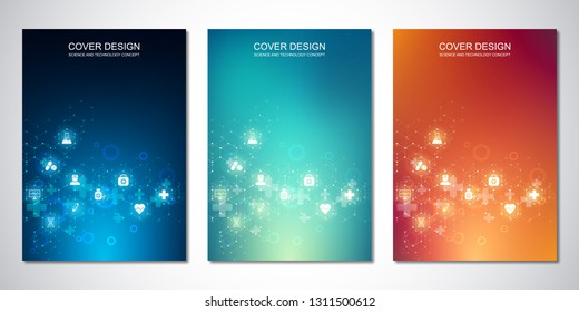 Vector templates for cover or brochure, with hexagons pattern and medical icons. Healthcare, science and technology concept