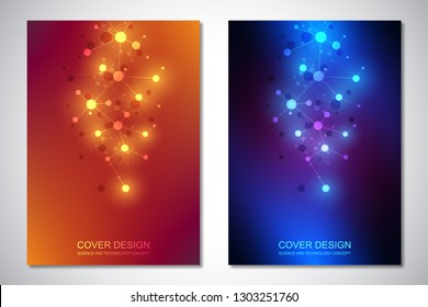 Vector templates for cover or brochure, with molecules background and neural network. Abstract geometric background of connected lines and dots. Science and technology concept