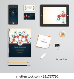 Vector templates. Daily kit. Floral pattern. Bright colors and dark background. Tablet computer, phone, business cards, notebook, pencils, eraser, clamp, sticker.