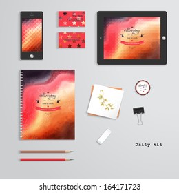 Vector templates. Daily kit. Geometric and watercolor pattern. Tablet computer, phone, business cards, notebook, pencils, eraser, clamp, sticker. Inscription in retro style -Monday it's time to work.