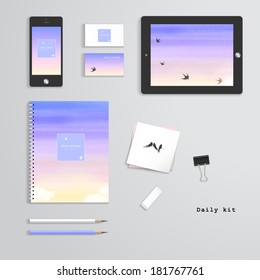 Vector templates. Daily kit. Handmade watercolor. White cloud, sun, sky and swallows. Tablet computer, phone, business cards, notebook, pencils, eraser, clamp.