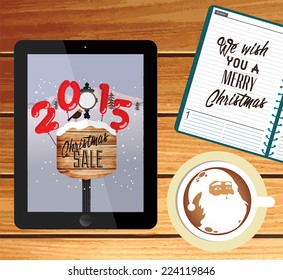 Vector templates. Daily kit. Winter landscape on tablet computer. Beautiful inscription - Winter is coming. Tablet computer, notebook and coffee.