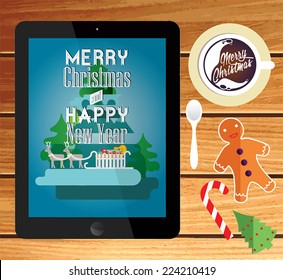 Vector templates. Daily kit. Winter landscape on tablet computer. Beautiful inscription - Winter is coming. Tablet computer, cookie and coffee.