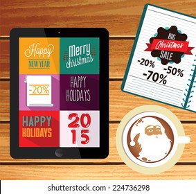 Vector templates. Daily kit. Winter landscape on tablet computer. Beautiful inscription - Winter is coming. Tablet computer, notebook and coffee.