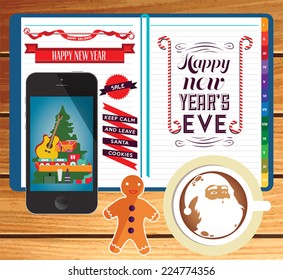 Vector templates. Daily kit. Winter landscape on phone. Beautiful inscription - Winter is coming. Phone, notebook and coffee.