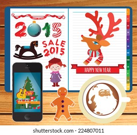 Vector templates. Daily kit. Winter landscape on phone. Beautiful inscription - Winter is coming. Phone, notebook and coffee.