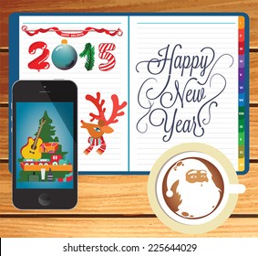 Vector templates. Daily kit. Winter landscape on phone. Beautiful inscription - Winter is coming. Phone, notebook and coffee.