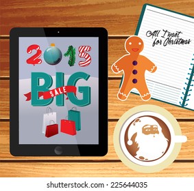 Vector templates. Daily kit. Winter landscape on tablet computer. Beautiful inscription - Winter is coming. Tablet computer, notebook and coffee.