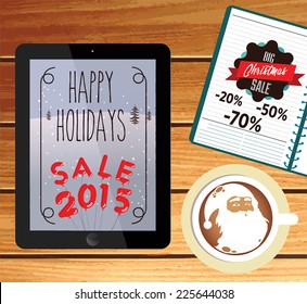 Vector templates. Daily kit. Winter landscape on tablet computer. Beautiful inscription - Winter is coming. Tablet computer, notebook and coffee.