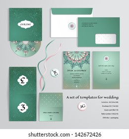 Vector templates to design a wedding. Floral pattern with fantasy flowers. Invitation, envelope, guest card, table number, discs with packaging, magnets and tapes. Dimensions are given.
