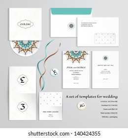 Vector templates to design a wedding. Oriental floral pattern on vintage background. Invitation, envelope, guest card, table number, discs with packaging, magnets and tapes. Dimensions are given.