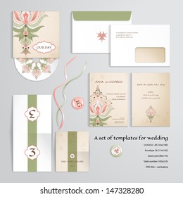 Vector templates to design a wedding. Oriental floral pattern on vintage background. Invitation, envelope, guest card, table number, discs with packaging, magnets and tapes. Dimensions are given.