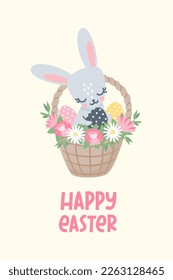 Vector templates for Easter cards. Cute bunnies with Easter eggs. Happy Easter lettering. Hare in a wreath of flowers 