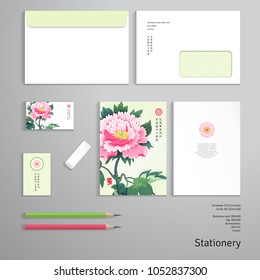 Vector templates. Envelope, cards, business cards, tags, pencils, eraser. Pattern with peony flowers. Imitation of sachiko embroidery on backdrop.