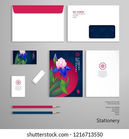 Vector templates. Envelope, cards, business cards, tags, pencils, eraser. Pattern with irises. Oriental style