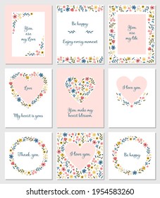 Vector templates with floral decoration. Set of cards with flowers. Wedding invitations, greeting cards, invitation background design.