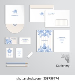 Vector templates with floral pattern with french roses and striped backdrop. Envelope, cards, business cards, tags, disc with packaging, pencils, eraser.