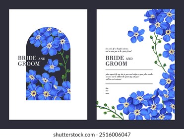 Vector Plantillas de flores olvidadme-no. Plantas realistas, dibujadas a mano y detalladas. Publicidad, postales, Anuncio Guardar en redes sociales, invitaciones de boda, la fecha, certificados, carteles
