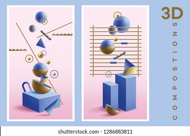 Vector templates with fun, 3d geometric  compositions in blue and pink color combinations with abstract golden elements