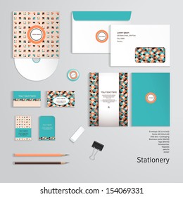 Vector templates. Geometric pattern. Envelope, cards, business cards, tags, disc with packaging, magnet, pencils, eraser, clamp. Dimensions are given.