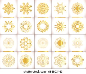 Vector templates with  gold and white mandala. Geometric logo template set.  Vector templates for  wedding design, kaleidoscope, medallion, india, arabic pattern.