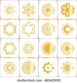 Vector templates with  gold and white mandala. Geometric logo template set.  Vector templates for  wedding design, kaleidoscope, medallion, india, arabic pattern.