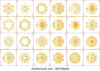 Vector templates with  gold and white mandala. Geometric logo template set.  Vector  arabic ornamental symbols. Vintage circular pattern of indian motif.