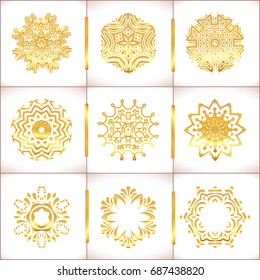 Vector templates with  gold and white mandala. Geometric logo template set.  Grunge paper card with gold floral circular pattern 