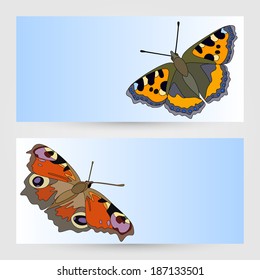 Vector templates graphic designs with butterflies on blue.