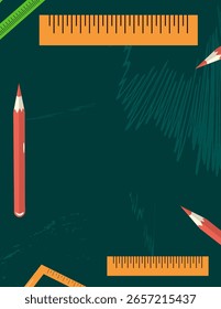 Vector templates with green chalkboard background, wooden ruler, pencils, and school supplies. Space for text, perfect for promotions, banners, and web ads.