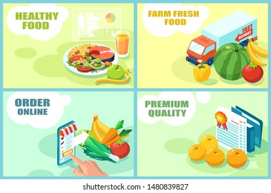 Vector templates for healthy food diet, farm fresh fruits and vegetables, online app order and quality control