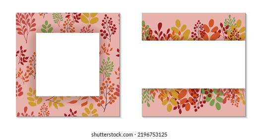 Vector templates for invitations, congratulations. Autumn theme. Leaves, branches, herbs and berries in warm autumn colors