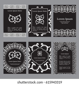 Vector templates with mandala in black and white colors. Based on ancient greek, islamic and turkish ornaments. For invitation, banner, postcard or flyer.