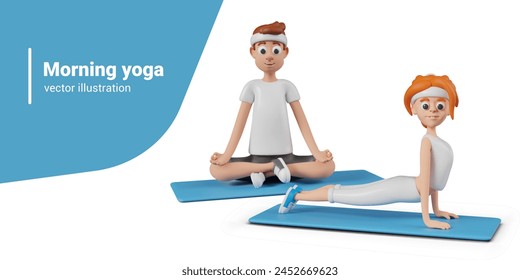 Plantillas de Vector para conceptos de yoga matutino. Hombre en pose de loto, mujer en posición de cobra