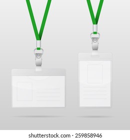 Vector templates for name tag with green lanyards. Vector EPS10 illustration. 