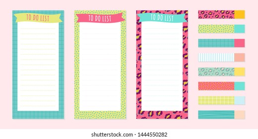 Vector templates for notes, to do lists and shopping lists.Organizer, planner,schedule fun design. Bright summer with polka dot, lines and leopard skin patterns.Vector illustration.
