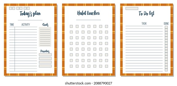 Vector templates. Pages with place for text. Cute print for planner, notebooks page, organizer design. Form for organizing your day, distribution of cases, tracking status.